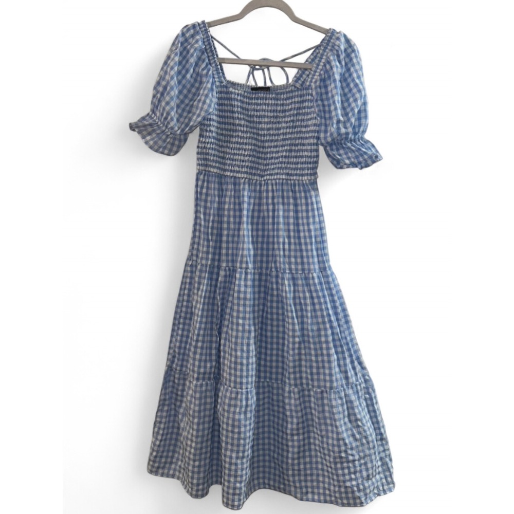 Zesica Blue Gingham Smocked Puff Sleeve Tiered Midi Dress Size Small Cottagecore